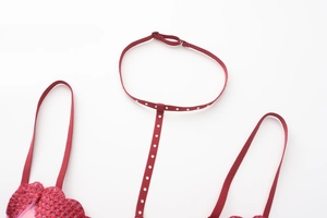 Detailed close-up of dark red lace bra with silver rhinestones and adjustable strap