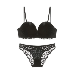 Französisches schwarzes Spitzenunterwäsche-Set mit Satincups und U-förmigem Rücken
