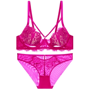 Close-up of fuchsia eyelash lace lingerie set featuring floral patterns and mesh details