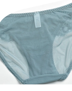 Detail of teal lace panties featuring breathable mesh fabric and delicate floral trim