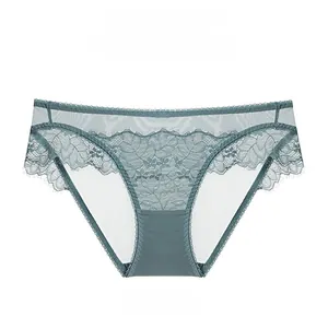 Detail view of sheer grey-blue lace panties showing floral patterns and mesh texture