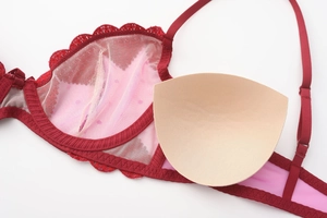 Detail view of red lace bra with pink mesh lining and removable triangular padding insert