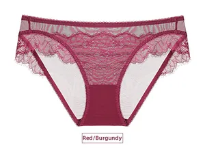 Detail of wine red lace panties featuring breathable mesh and delicate floral embroidery