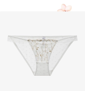 Close-up of white breathable mesh panties featuring golden floral lace embroidery details