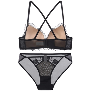 Lace bra and panty set with floral embroidery and crisscross back straps in black