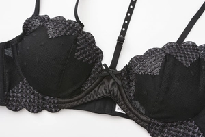 Close-up of black mesh bra with silver embroidery, scallop lace edges and bow detail