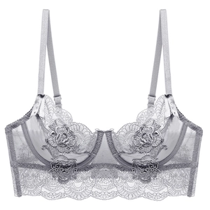 Sheer grey French lace bra with floral embroidery and supportive underwire design