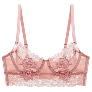 Pale pink French lace bra with floral embroidery and sheer mesh on a white background