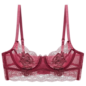 Deep red French style ultra-thin lace embroidery bra with mesh and floral details