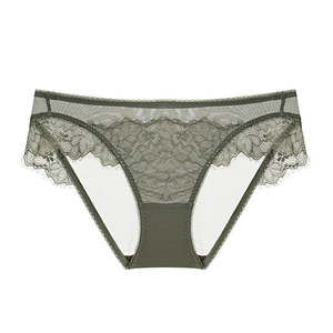 Elegant olive green French lace panties with sheer mesh and floral eyelash trim details