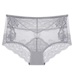 Elegant grey floral lace panties with breathable mesh and scalloped edges on white backdrop