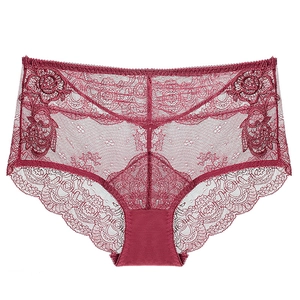 Wine red floral lace panties with sheer mesh and scalloped edges on white background