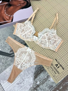 Flachbild von transparentem Spitzen-Dessous-Set mit weißer Stickerei und kleinen Schleifen