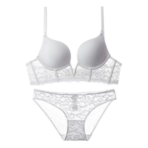 White deep V lace lingerie set with push-up bra and matching sheer panties for women