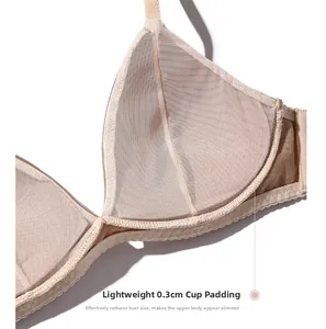 Macro detail of the 0.3cm ultra-thin breathable mesh padding of the beige seamless bra