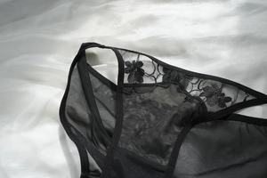Close-up of intricate floral embroidery and black mesh fabric on lace underwear
