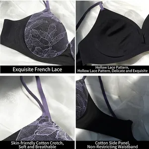 Ensemble de lingerie en dentelle française avec broderie florale violette et coton doux