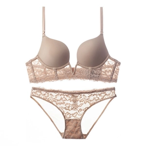 Sexy Deep V Lace Bra And Panty Set Women Push Up Underwear Backless Floral Pattern Nylon Spandex Lingerie Set