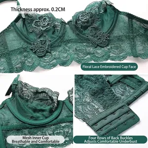 Deep green lace bra with floral embroidery and ultra-thin mesh lining for women