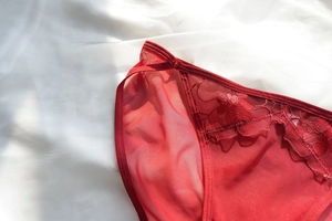 Detail shot of red lace panties with floral embroidery on white satin background