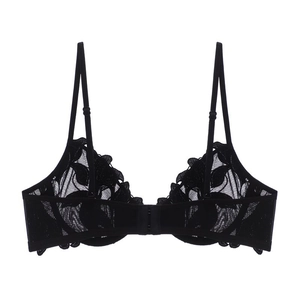 Detail view of the black floral lace embroidery and adjustable back straps of the bra