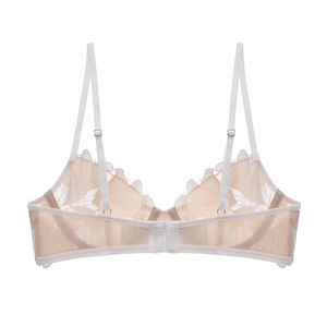 Detail view of beige lace bra showing adjustable white straps and double hook-eye closure