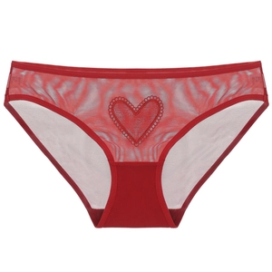Slip in rete rossa trasparente con ricamo a cuore e bordi a conchiglia rifiniti