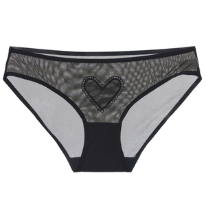 Slip sexy in rete nera per donna con ricamo a cuore e dettagli in mesh trasparente