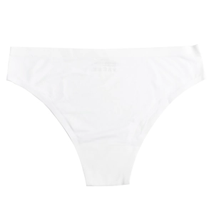Close-up of seamless white low-rise panty with heat-pressed care label and smooth edge