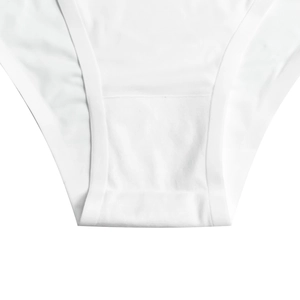 Close-up of the breathable double-layer cotton crotch on seamless white panties