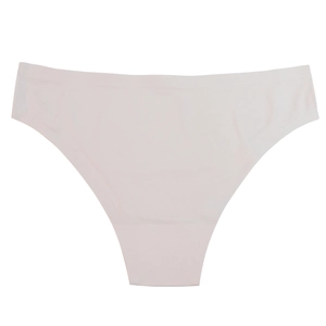 Detail of seamless pink ice silk panties with smooth edges and cotton crotch lining