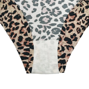 Close-up of leopard print panties featuring reinforced cotton gusset and fine stitching