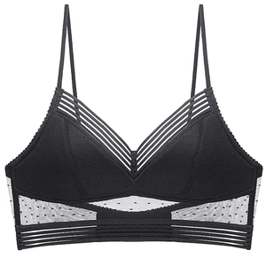 Bralette in pizzo nero schiena scoperta stile francese con coppe a rete a pois