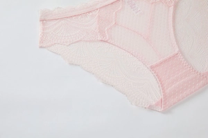 Close-up of pink lace panties showing delicate floral patterns and scalloped edges