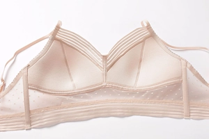Detailansicht des beigen Spitzen-Bralettes mit Triangel-Cups und gepunktetem Netzstoff