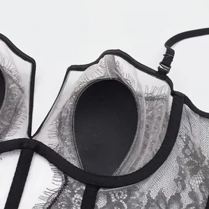 French black eyelash lace bra with soft wire and breathable mesh, minimalist front view
