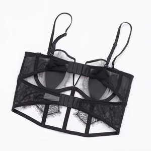 French style black eyelash lace bustier with floral embroidery and supportive boning