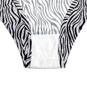 Detailed close-up of zebra pattern panties showing breathable cotton crotch lining