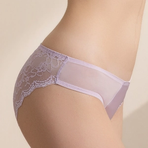 Detailed view of lavender floral lace texture and semi-transparent mesh on these panties