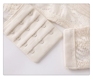 Détail du fermoir à quatre rangées et deux crochets sur un soutien-gorge en dentelle beige