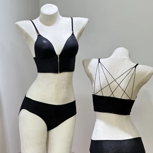 Front zip black glitter bra with thin criss-cross back straps and matching bottoms set