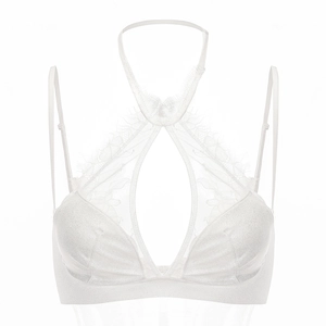 Close-up of white lace halter bralette featuring delicate floral patterns and keyhole cutout