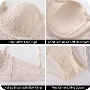 Ensemble lingerie en dentelle blanc cassé avec bonnets oreilles de lapin et tulle aéré