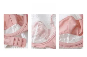 Detailweergave van de roze kanten beha met rugsluiting en verfijnde afwerking van de stof