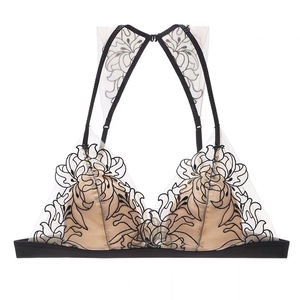 Detail of floral embroidery on black mesh triangle cup with a contrast lace finish