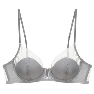 French style grey deep V mesh patchwork bra with soft underwire for natural support