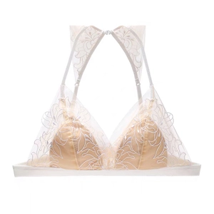 Detailed view of floral lace embroidery and sheer mesh on a triangle bralette cup