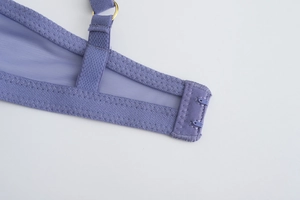 Detail of lavender lace bra showing the double row hook-and-eye back closure and mesh fabric