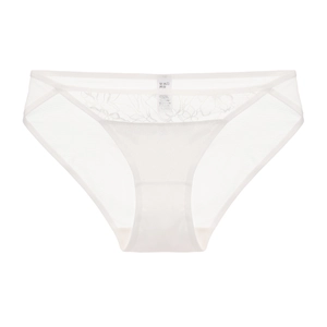 Detailed view of white lace and translucent mesh fabric on high-quality women's underwear