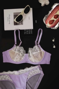 Flatlay of lavender lace lingerie set with white trim, bra and panties on black background